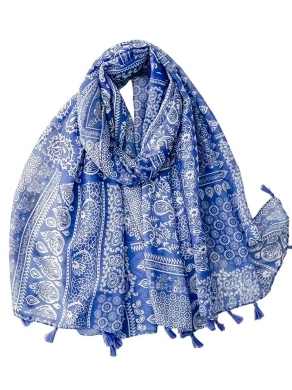Blue White Porcelain Paisley Floral Bohemian Scarf Shawl